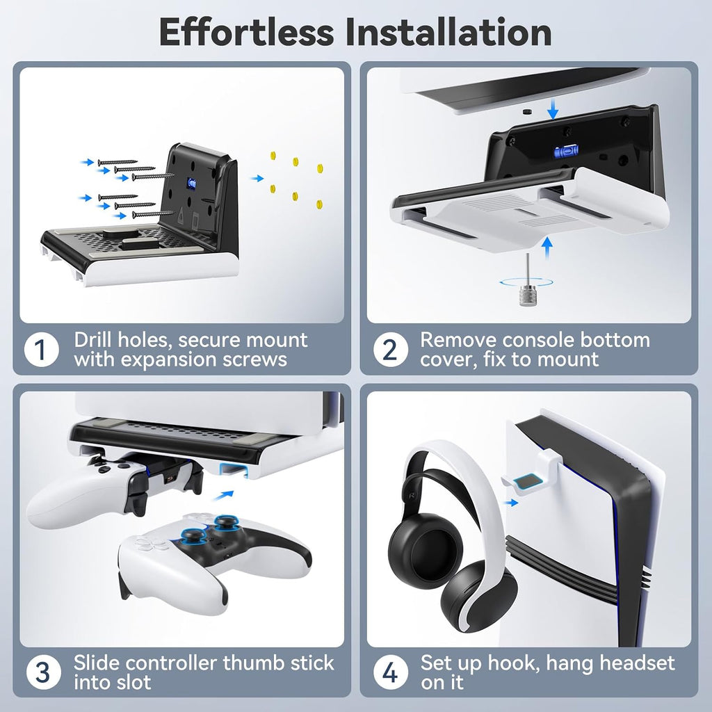 P5 Wall Mount Kit with Controller Holder Compatible with P5/Slim/Pro Disc & Digital, Pa5 Mount Floating for Gaming Accessories, Compact Pa5 Vertical Wall Shelf Organizer Bracket with Headphone Hook