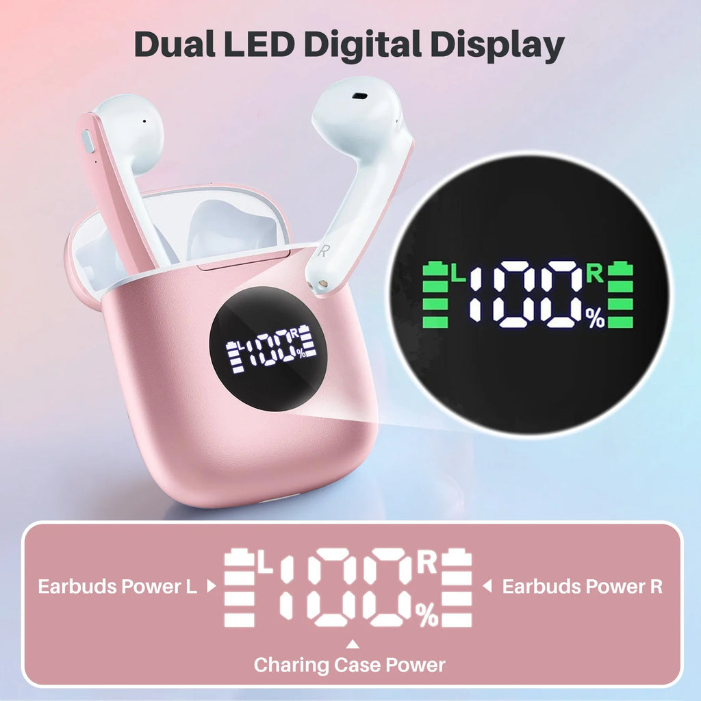 Wireless Earbuds, Bluetooth Headphones with Noise Cancelling Mic, 50H Playtime with LED Display, USB-C & Wireless Charging, IPX7 Waterproof in Earphones for Sports, Workout, Travel (Pink)