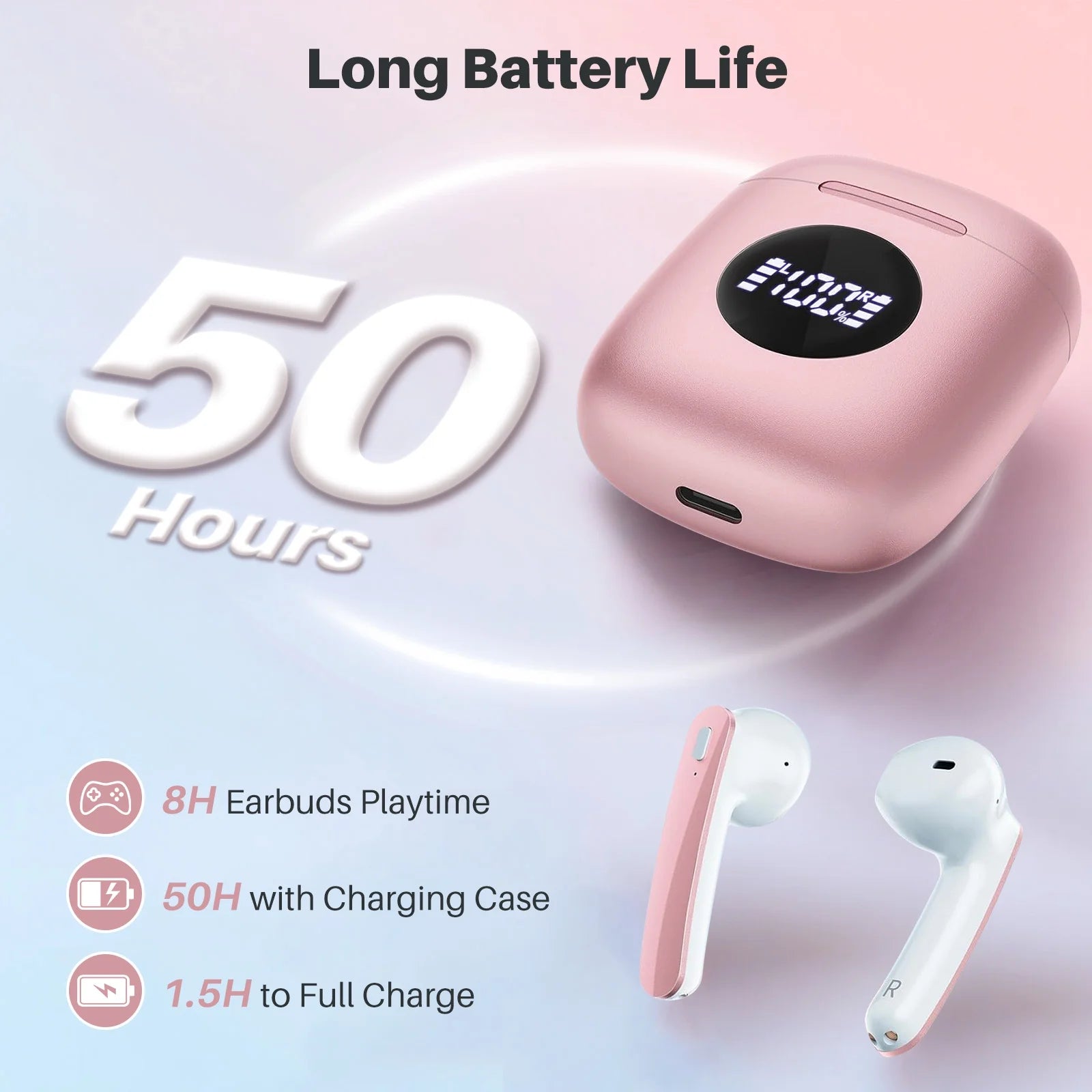 Wireless Earbuds, Bluetooth Headphones with Noise Cancelling Mic, 50H Playtime with LED Display, USB-C & Wireless Charging, IPX7 Waterproof in Earphones for Sports, Workout, Travel (Pink)