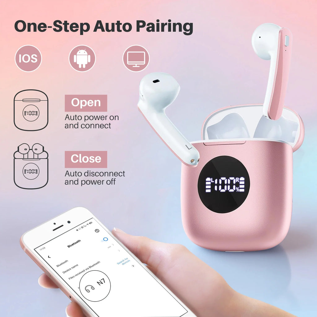 Wireless Earbuds, Bluetooth Headphones with Noise Cancelling Mic, 50H Playtime with LED Display, USB-C & Wireless Charging, IPX7 Waterproof in Earphones for Sports, Workout, Travel (Pink)