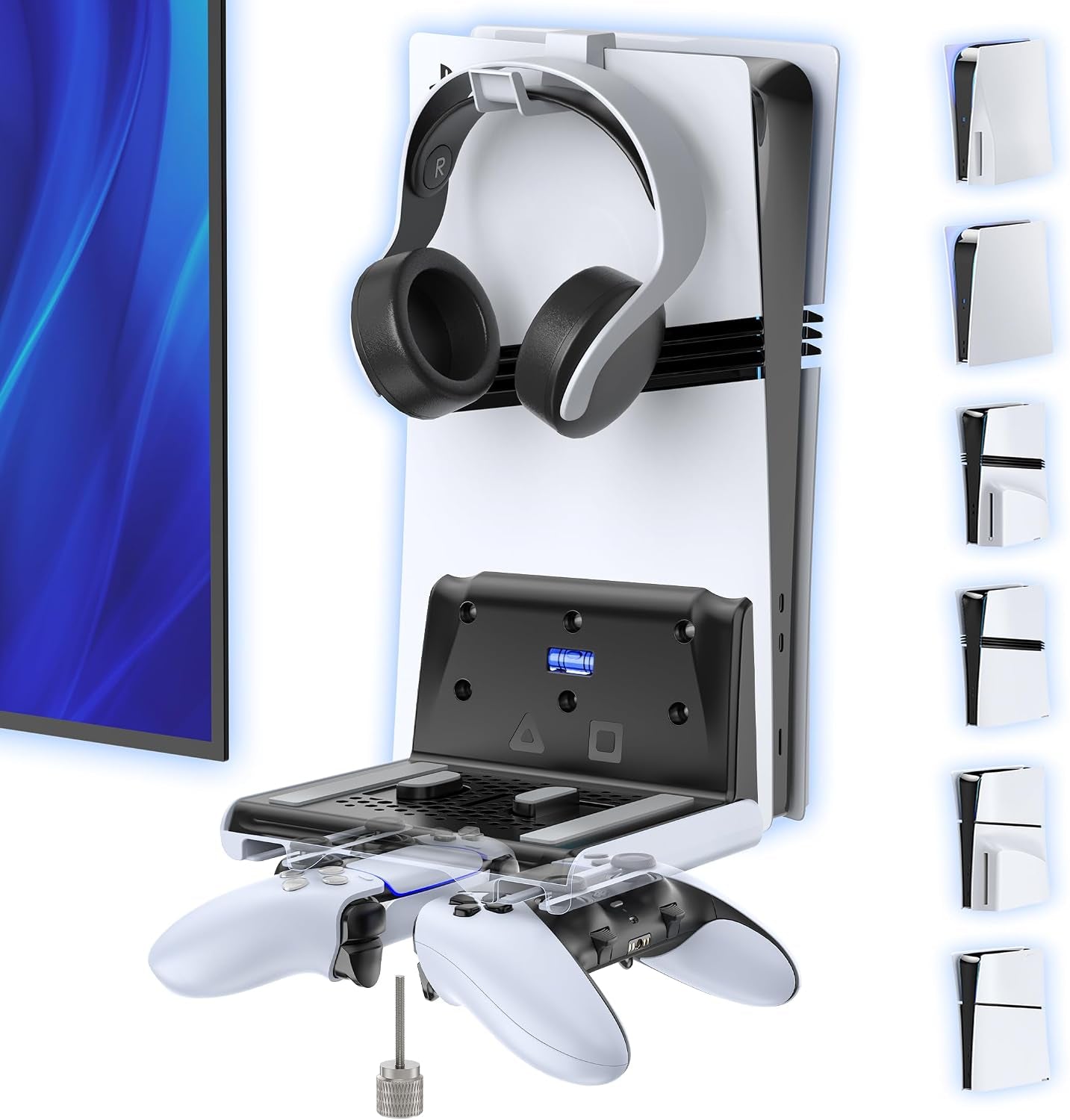 P5 Wall Mount Kit with Controller Holder Compatible with P5/Slim/Pro Disc & Digital, Pa5 Mount Floating for Gaming Accessories, Compact Pa5 Vertical Wall Shelf Organizer Bracket with Headphone Hook