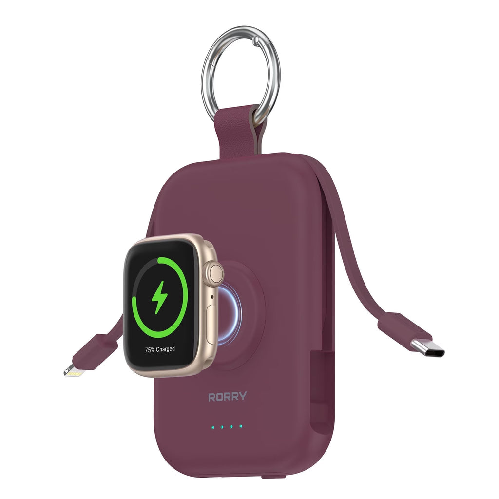 Portable Charger,5000Mah Power Bank - Apple Watch Charger with Built-In Cables,Travel-Ready Portable Charger for Iphone 16/15/14 ,Android , Apple Watch, Wine Red
