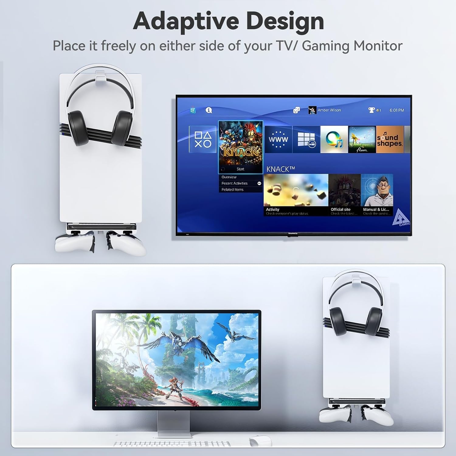 P5 Wall Mount Kit with Controller Holder Compatible with P5/Slim/Pro Disc & Digital, Pa5 Mount Floating for Gaming Accessories, Compact Pa5 Vertical Wall Shelf Organizer Bracket with Headphone Hook