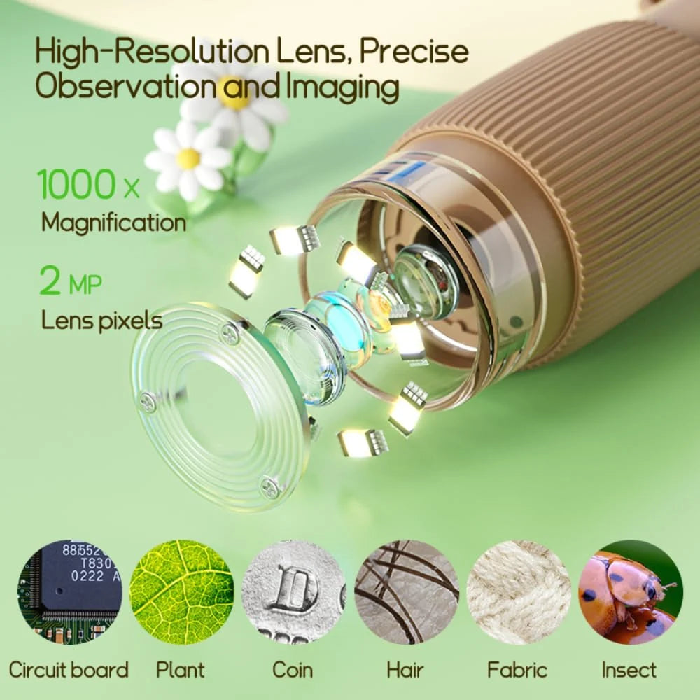Kids Microscope - 1000X Buggy Lens Portable Microscope for Kids, Photo & Video Miniscope Pocket Microscope Toy, 2'' Digital Screen | Ideal for Boys & Girls Age 3-12