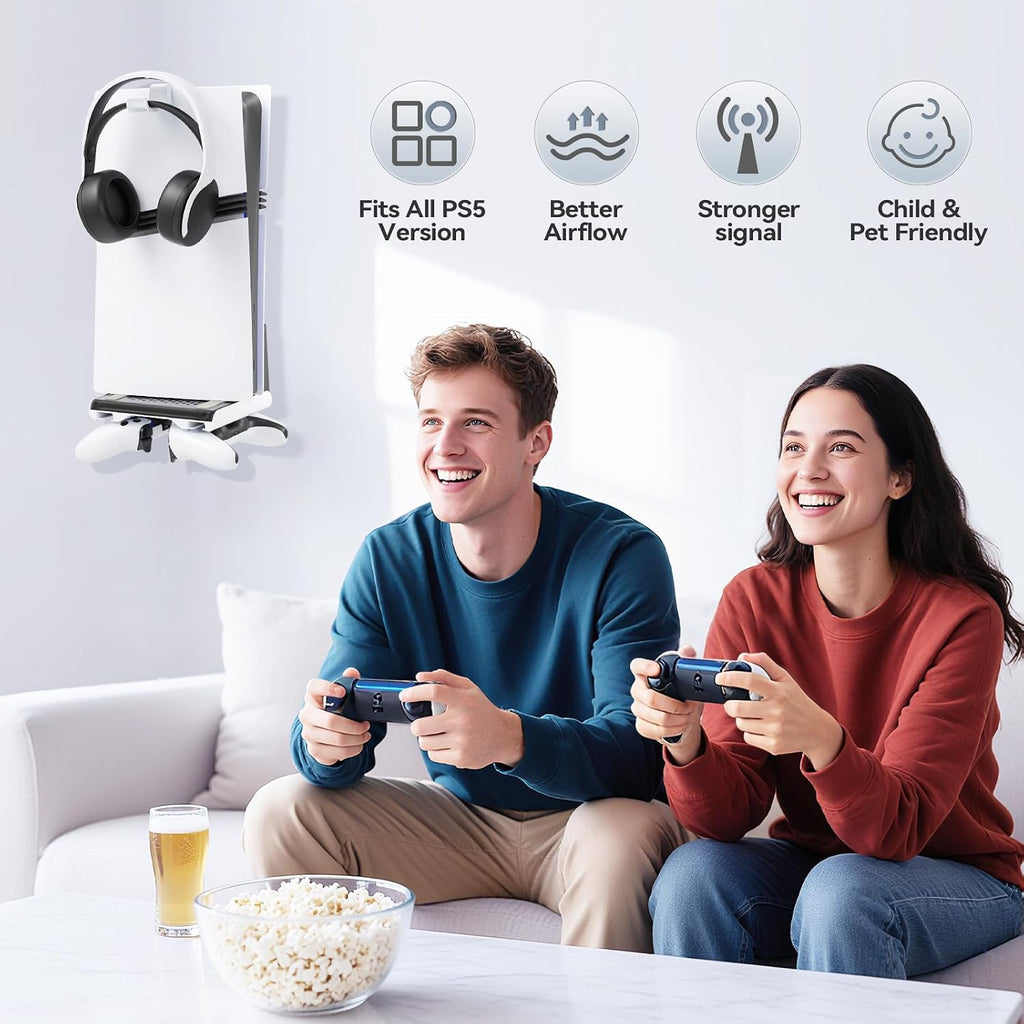 P5 Wall Mount Kit with Controller Holder Compatible with P5/Slim/Pro Disc & Digital, Pa5 Mount Floating for Gaming Accessories, Compact Pa5 Vertical Wall Shelf Organizer Bracket with Headphone Hook