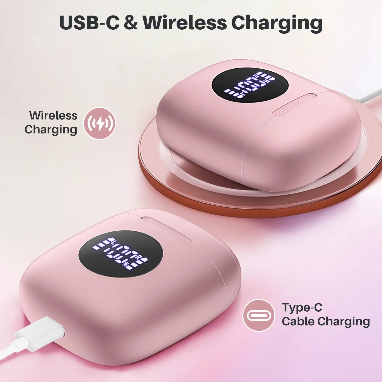 Wireless Earbuds, Bluetooth Headphones with Noise Cancelling Mic, 50H Playtime with LED Display, USB-C & Wireless Charging, IPX7 Waterproof in Earphones for Sports, Workout, Travel (Pink)