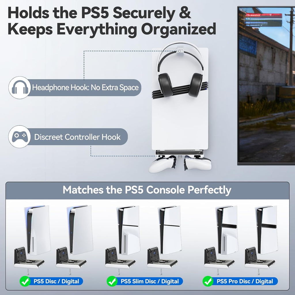 P5 Wall Mount Kit with Controller Holder Compatible with P5/Slim/Pro Disc & Digital, Pa5 Mount Floating for Gaming Accessories, Compact Pa5 Vertical Wall Shelf Organizer Bracket with Headphone Hook