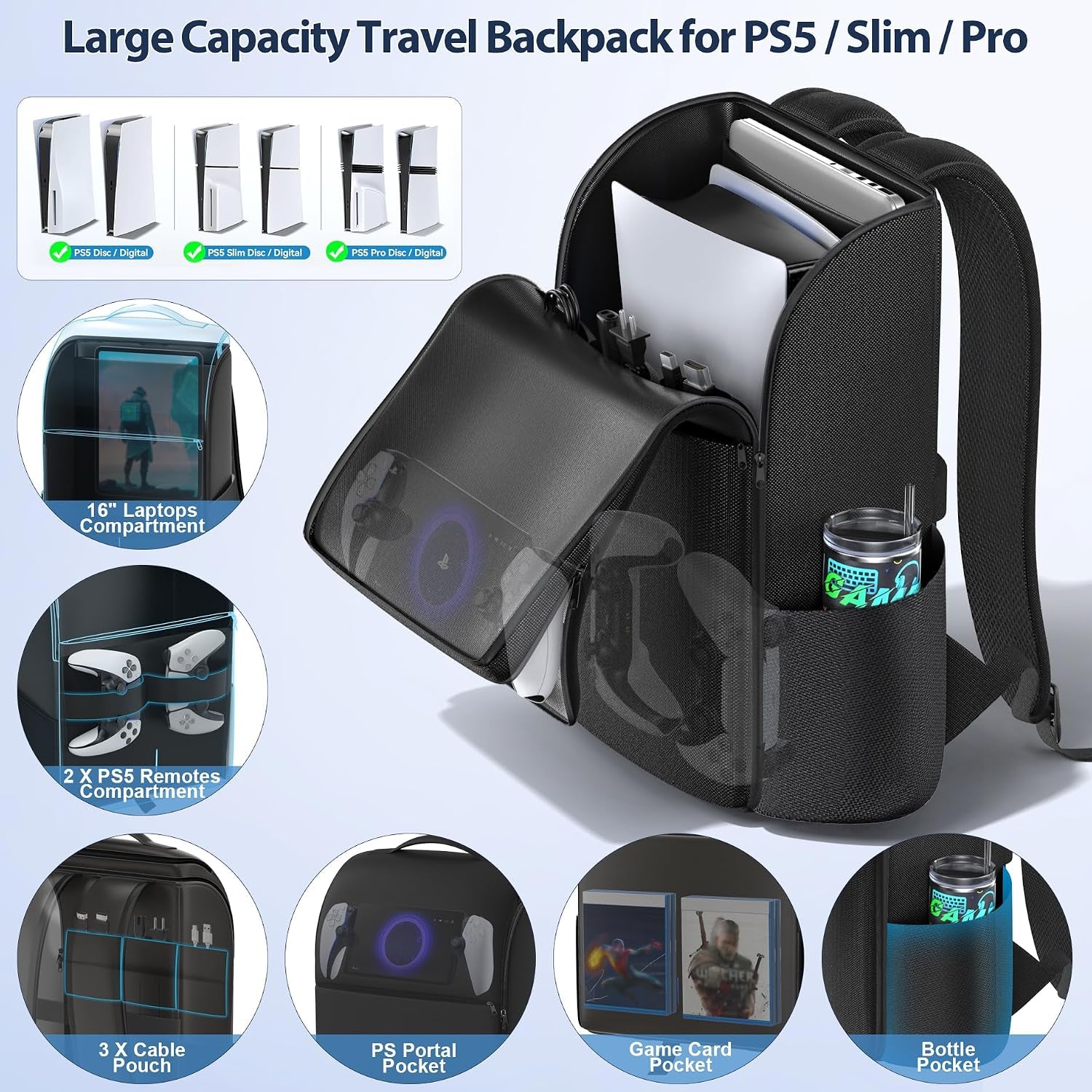 Backpack for PS5/ Slim/ Pro Console, Fully Zip-Open PS5 Carrying Case Travel Bag, Large Capacity PS 5 Storage Bag for Dual Controllers,Ps Portal, Laptop, Game Cards, Backpack with 3 Cable Pouch,Black