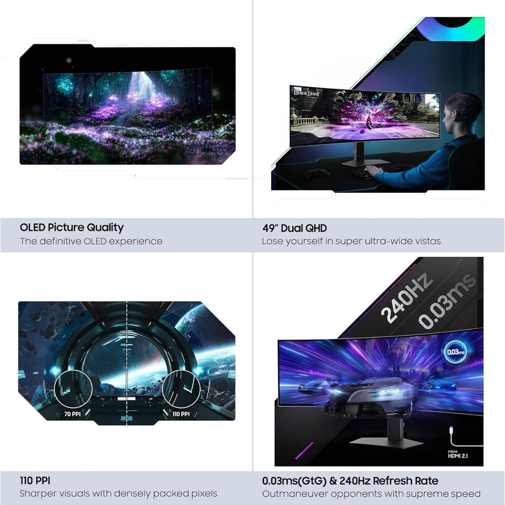 Samsung 49" Odyssey (G93SC) Series QD-OLED Curved Gaming Monitor | 240Hz, 0.03Ms, DQHD, G-Sync Compatible, Freesync Premium Pro, Adjustable Stand (LS49CG932SNXZA)