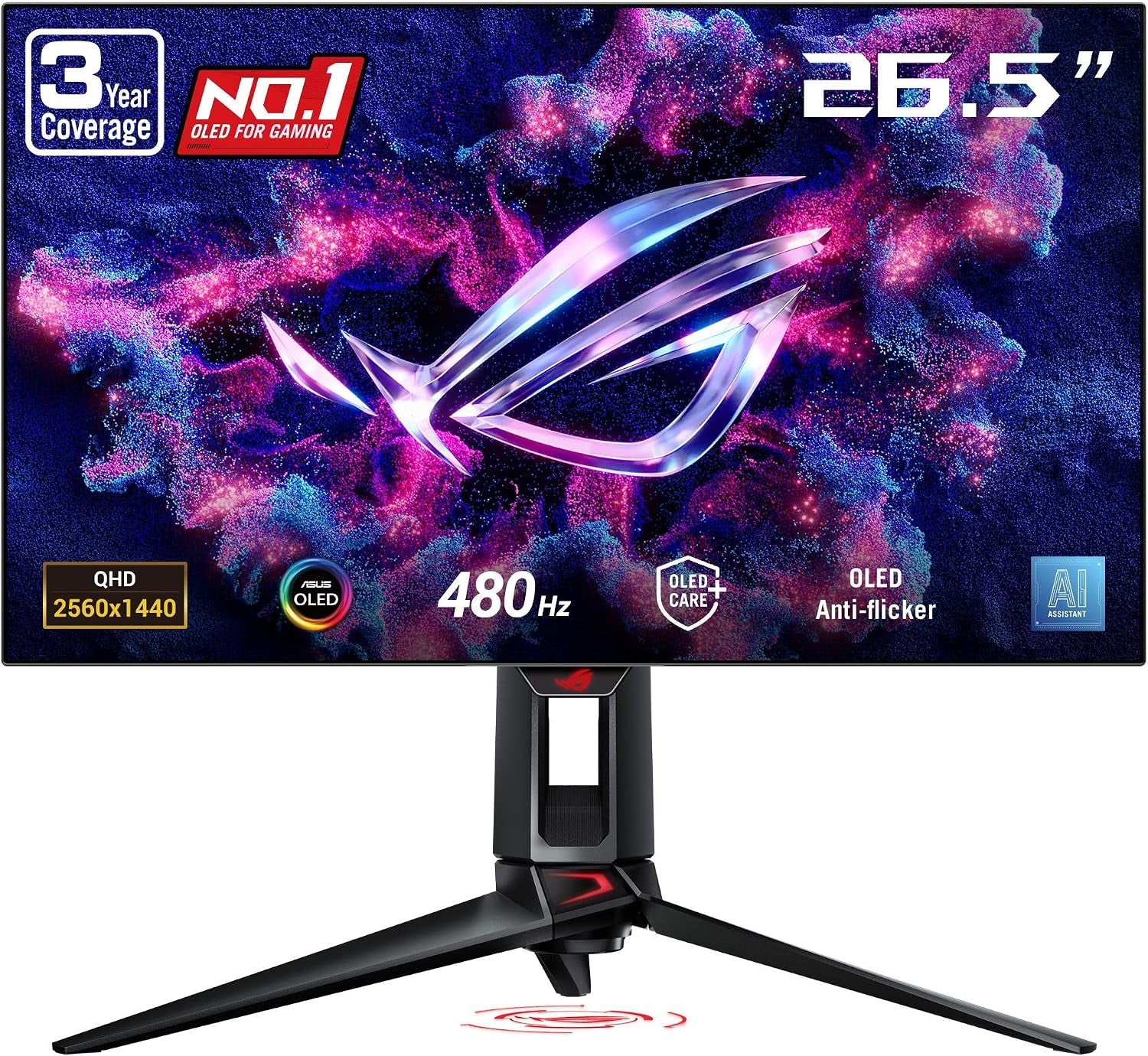 ASUS ROG PG27AQDP 27 Inch 1440P 480Hz OLED Gaming Monitor | Custom Heatsink, 0.03Ms, G-SYNC Compatible, WOLED, Displayhdr 400, AI Assistant, True 10-Bit, 99% DCI-P3, for PS5 and Xbox